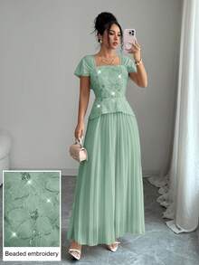 Modelyn French Square Collar Delicate Beaded Embroidery Patchwork Fitted Pleated Short Sleeve Elegant Dress - Green - View 6