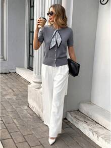 SHEIN Franclia Áo khoác cardigan dệt kim màu xám dành cho nữ, tay ngắn, cổ tròn và có khăn quàng cổ. - Màu xám đen - Xem 4