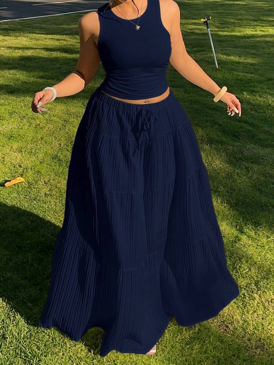 GalTyme Ensemble 2 pièces Top sans manches et jupe bleu marine, grande taille - Bleu marine - Voir 1