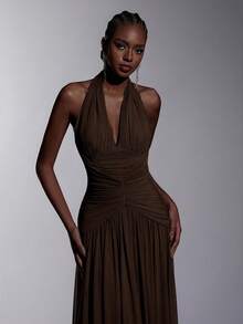 Elitara Elegant, , Fashionable Elastic Mesh Halter Neck Ruched Decor A-Line Dress, Party Wedding Guest Orange Color, And Graceful Bridesmaid - Coffee Brown - View 3