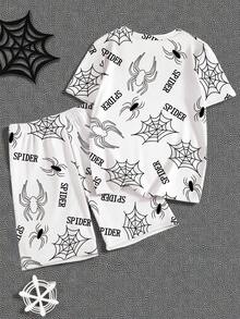 1 Set Pijama de Moda Casual Minimalista para Adolescentes Varones con Estampado de Araña y Letras, Cuello Redondo, Manga Corta y Pantalón Corto de Tela Elástica - Negro - Ver 1