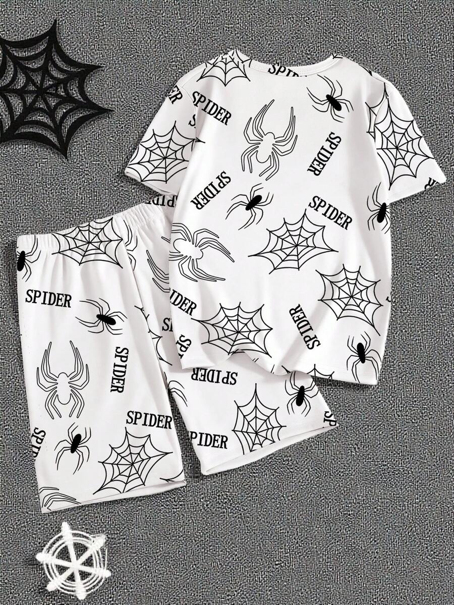 1 Set Pijama de Moda Casual Minimalista para Adolescentes Varones con Estampado de Araña y Letras, Cuello Redondo, Manga Corta y Pantalón Corto de Tela Elástica - Negro - Ver 1