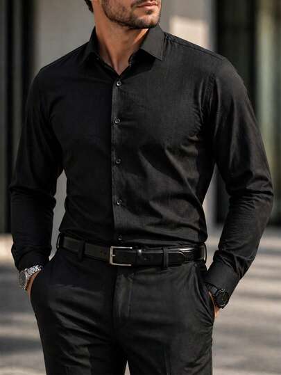 Manfinity Bizformal Men's Business Casual Embossed Fabric Design Color Block Long Sleeve Shirt