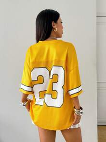 Coolane Camiseta holgada de cuello en V con gráficos y patrones numéricos lindos de streetwear de verano Y2K para mujeres y hombres - Amarillo - Ver 6