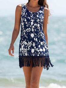SHEIN Swim Lushore 新款夏季女士数码印花飘逸流苏无袖连衣裙/罩衫，沙滩度假装，优雅女士连衣裙，复活节女士连衣裙，休闲女士连衣裙，节日女士连衣裙，乡村女士连衣裙，度假女士连衣裙，蓝色女士连衣裙，夏季沙滩装 - 藍色 - 查看 6