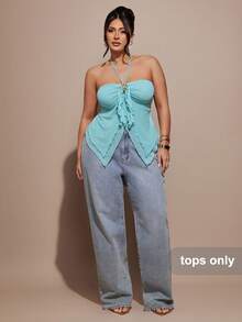 SHEIN BAE 大码女式蓝色荷叶边不对称吊带背心，春夏款 - 藍色 - 查看 4