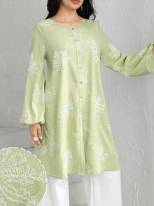 Graceveil Elegant Women's Loose Fit Round Neck Embroidered Long Sleeve Casual Vacation Blouse - Green - View 3
