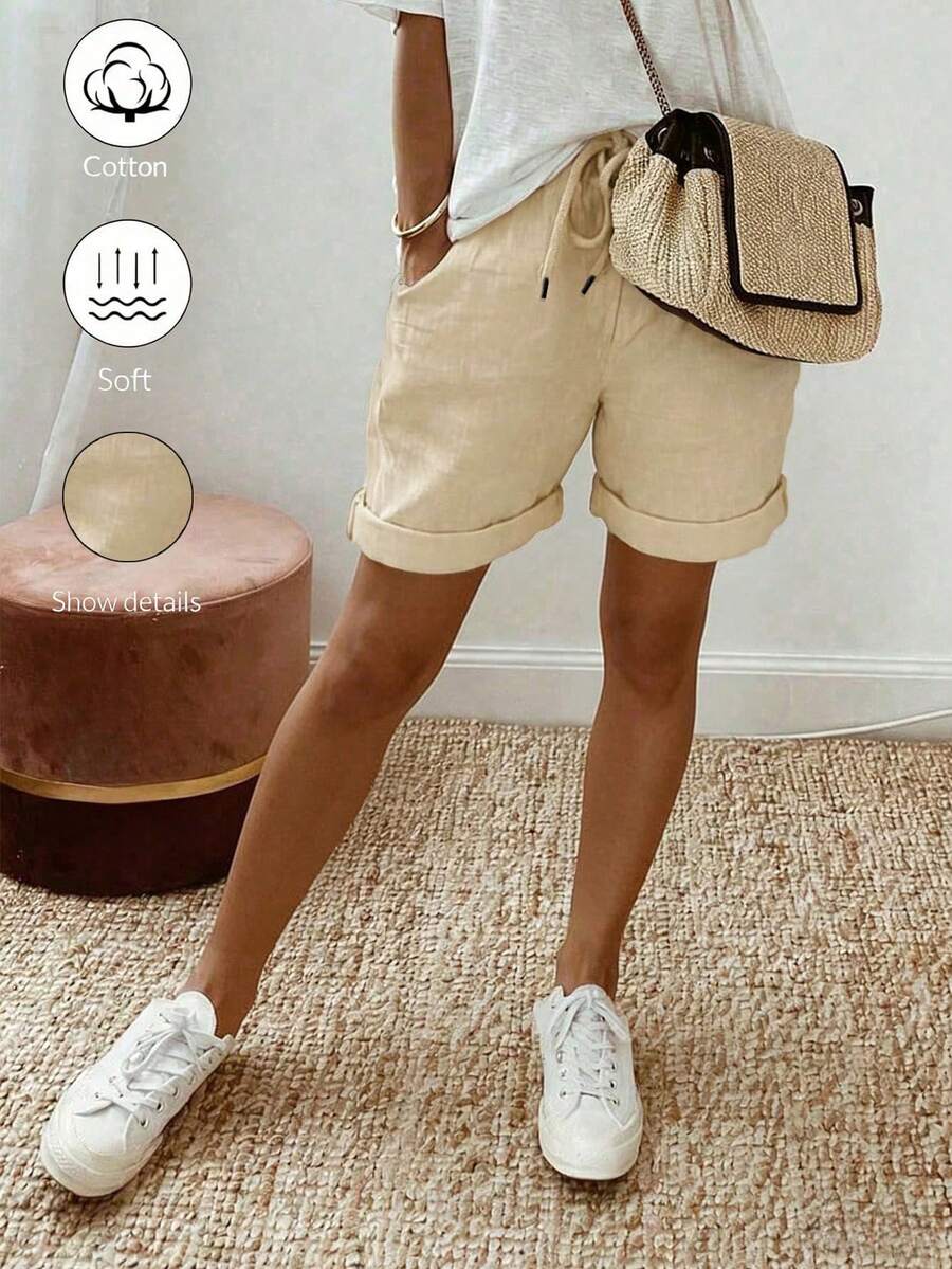 SHEIN Holidaya Quần short nữ mùa hè mới, chất liệu cotton lanh, kiểu dáng thường ngày, có dây rút và gấu quần xắn lên, kết hợp với thiết kế cạp chun có dây rút và chi tiết gấu quần xắn lên, mang đến vẻ ngoài thoải mái nhưng vẫn thanh lịch, phù hợp cho những buổi đi chơi hàng ngày, kỳ nghỉ hoặc những dịp thường nhật nhẹ nhàng. Đây là một món đồ đa năng trong dòng quần short thường ngày có dây rút, quần dài màu kaki thanh lịch và quần ống rộng ôm dáng. - Màu be - Xem 1