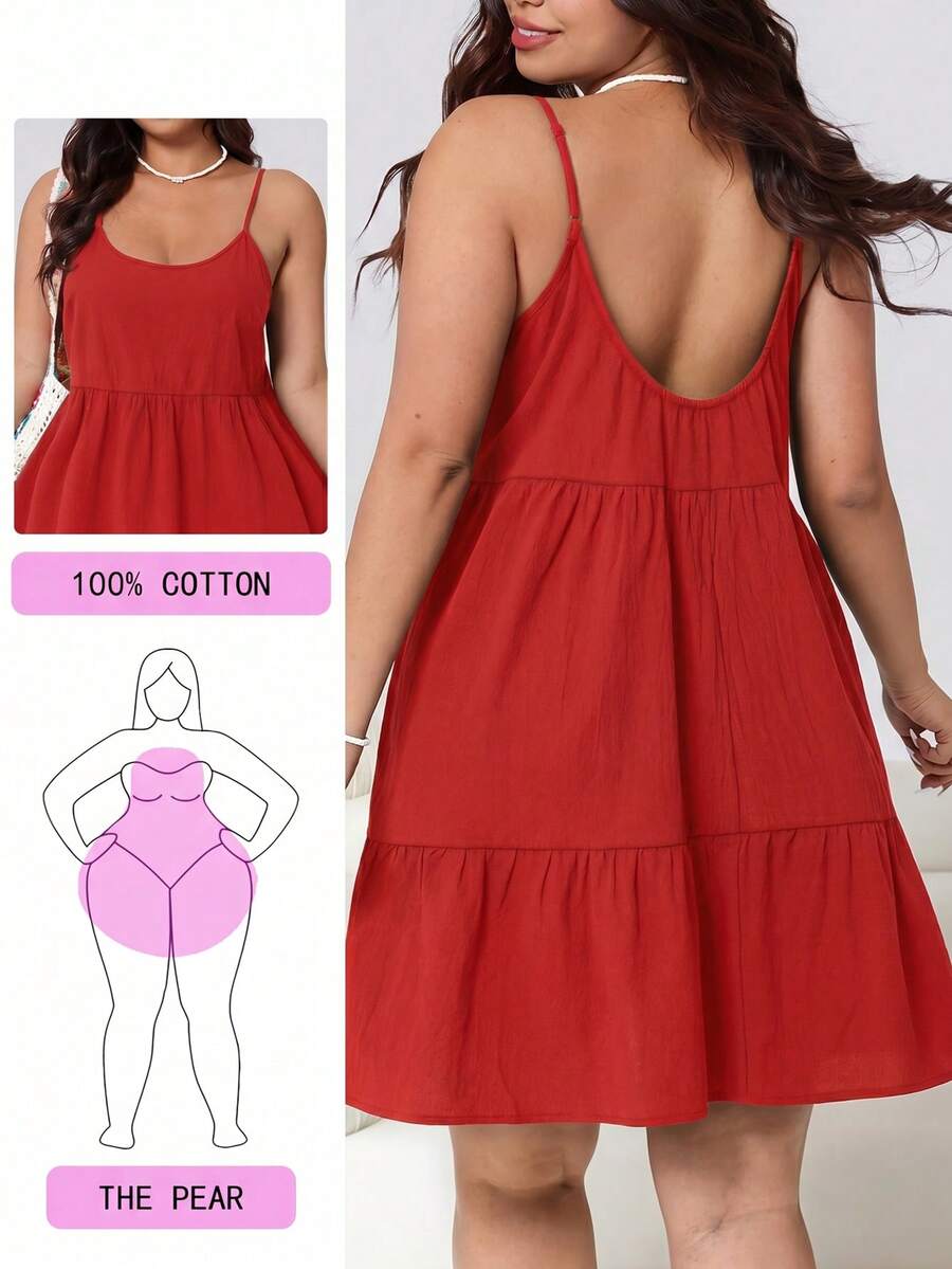 Solflare Red Plus Size Women's Ruffle Hem Spaghetti Strap Spring/Summer Dress - Red - View 1