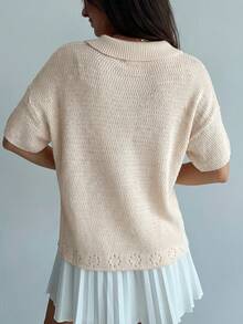 Aloruh Women's Solid Color Short Sleeve Single-Breasted Casual Knit Cardigan - Beige - View 2