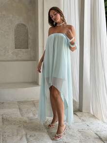 Aloruh Đầm maxi dáng xòe trễ vai phong cách bohemian thanh lịch dành cho nữ, đầm chiffon màu xanh dương trơn lãng mạn. - Màu xanh lam - Xem 5