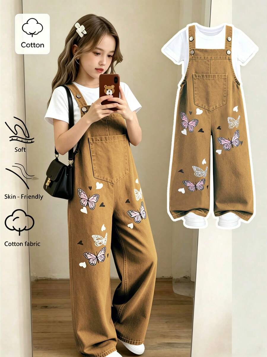 Genkimix Kids 小女孩趣味卡通蝴蝶印花牛仔背带裤,休闲时尚夏季装扮 - 卡其色 - 查看 1