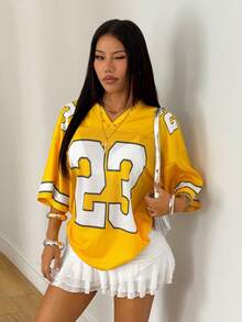 Coolane Camiseta holgada de cuello en V con gráficos y patrones numéricos lindos de streetwear de verano Y2K para mujeres y hombres - Amarillo - Ver 5