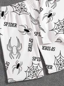 1 Set Pijama de Moda Casual Minimalista para Adolescentes Varones con Estampado de Araña y Letras, Cuello Redondo, Manga Corta y Pantalón Corto de Tela Elástica - Negro - Ver 5