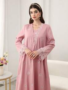 Yasmyna Robe longue à manches longues, évasée et élégante avec ourlet brodé pour femmes - Rose bonbon - Voir 7