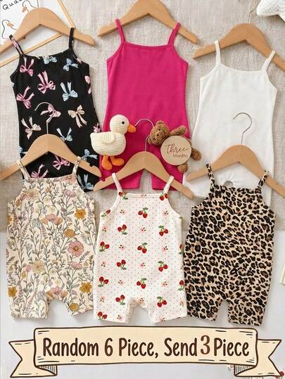 SHEIN [Envío aleatorio de 6 piezas, envío de 3 piezas] Mono de tirantes casual para niña con estampados vintage dulces de rayas en blanco y negro, estampado floral mini, estampado de lazo, estampado floral de graffiti, estilo chic, estilo Y2K, estilo kawaii, adecuado para primavera/verano, atuendos de verano lindos para salidas, artículos de verano para niños, artículos para salidas de verano, estilo coreano, cómodo y fácil, niños con estilo, Y2K, kawaii, fiesta, uso diario, vacaciones, lindo, cómodo, salidas, verano 2026, estilo cottage, casual de fin de semana, salida familiar, atuendos para sesiones de fotos, estilo chic, tops gráficos para bebés y niños]