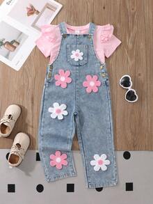 Elladie kids 新款4-7岁女童春夏圆领短袖T恤和牛仔背带裤套装，刺绣贴片设计，适合休闲、度假、上学、户外活动 - 粉色 - 查看 5
