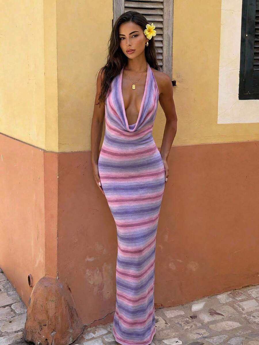 Aloruh Women's Sexy Halter Backless Tie-Up Gradient Striped Bodycon Dress, Suitable For Beach Vacation In Spring/Summer - Pink - View 1