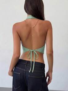 Aloruh Women's Solid Color Halter Rivet Decor Casual Versatile Daily Wear Top,Summer Top - Teal Blue - View 2