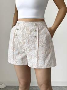 Selianne Women's White Floral Lace Fabric Elegant Loose Wide Leg Casual Shorts,Summer Date Tea Party Invisible Zipper Design,Suitable For Travel,Street Style - Multicolor - View 4