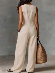 SHEIN Holidaya Bộ jumpsuit không tay màu be có họa tiết, eo xếp ly bên hông + ống rộng, kiểu dáng tối giản phù hợp cho công sở. - Màu be - Xem 2