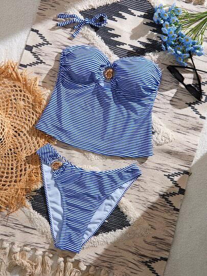 Swim Lushoire Bộ đồ đi biển mùa hè dành cho nữ, áo hai dây và bikini in họa tiết sọc xanh trắng trang trí vỏ sò kim loại, thích hợp cho kỳ nghỉ biển.