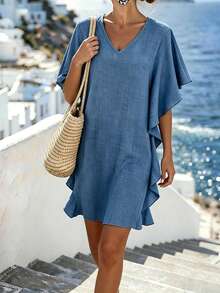 GlowEve CURVE Women's Plus-Size Dark Blue Loose-Fitting Straight-Cut Dress,Summer Casual Beach Holiday V-Neck Ruffled Puff Sleeves Simple Versatile Resort Look - Blue - View 5