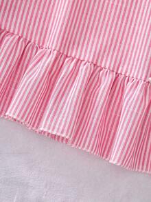 Tween Girls' Spring/Summer Vacation Nordic Casual Everyday Commute Round Neck Sleeveless Ruffle Hem Doll Dress, Striped Woven Linen Dress - Pink - View 4