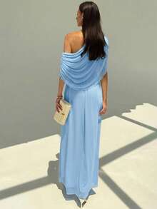 Aloruh Draped Shoulder Ruffle Decor Slim Fit Extra Long Flowy Maxi Dress,Light Blue Summer Elegant Vacation Wedding Guest Cocktail Holiday Party Lightweight - Baby Blue - View 2