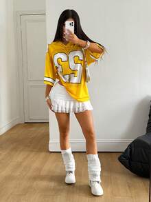 Coolane Camiseta holgada de cuello en V con gráficos y patrones numéricos lindos de streetwear de verano Y2K para mujeres y hombres - Amarillo - Ver 2