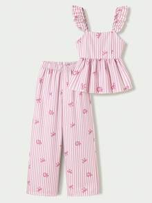 SHEIN Casuvi Kids 女童休闲度假黄色修身吊带背心，夏季上衣，柔软修身，时尚设计，适合度假、旅行、校园、日常穿着 - 粉色 - 查看 3