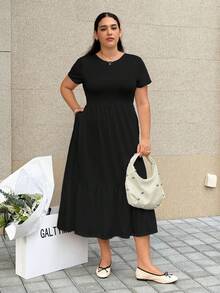 SHEIN EZwear 大码女式薄纱短袖纯色口袋休闲连衣裙 - 黑色 - 查看 3