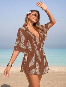 Swim Lushoire 1 buah Baju Penutup Tubuh Wanita Berbahan Jala dengan Motif Daun, Pakaian Kasual untuk Pantai, Kolam Renang, dan Resor, Musim Semi/Panas - Coffee Brown - View 4