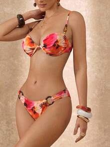Lumalex Bộ bikini 2 mảnh in họa tiết hoa, dây mảnh, hở lưng, đính hạt cườm, quần bơi có đai cài eo, kiểu dáng thời trang, gợi cảm dành cho nữ, thích hợp đi biển, hồ bơi hoặc các hoạt động thể thao dưới nước. - Nhiều màu - Xem 9
