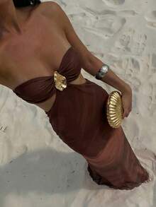 Aloruh Robe dos nu avec décoration métallique pour vacances à la plage pour femmes - Café - Voir 7