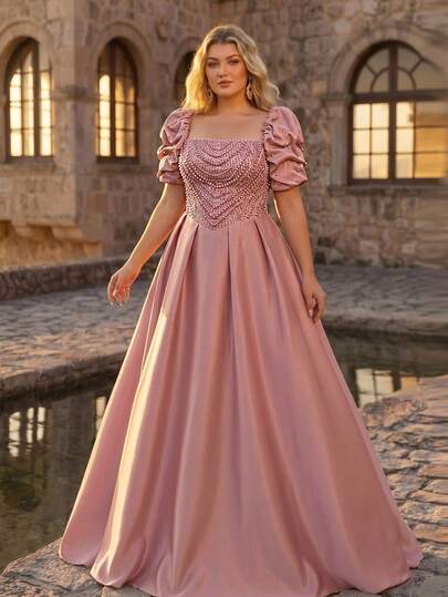 Glamrae Đầm maxi cỡ lớn sang trọng, thanh lịch, lãng mạn với tay áo xếp ly đính cườm, thích hợp cho tiệc tối, hẹn hò, dạ hội, kỳ nghỉ, đám cưới.