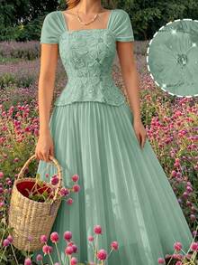 Modelyn French Square Collar Delicate Beaded Embroidery Patchwork Fitted Pleated Short Sleeve Elegant Dress - Green - View 8