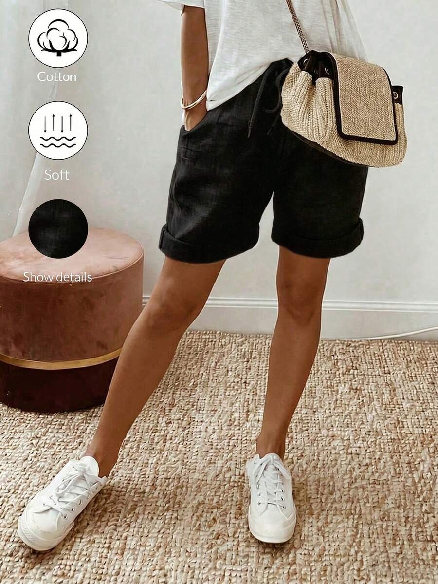 SHEIN Holidaya 女士夏季新款亚麻休闲抽绳卷边短裤,采用亚麻纹理面料,搭配弹性腰抽绳设计和卷边细节,打造轻松又不失时尚的外观,适合日常外出、度假或轻度休闲场合,是一款百搭的休闲抽绳短裤,卡其色优雅长裤,宽松修身长裤。 - 黑色 - 查看 1