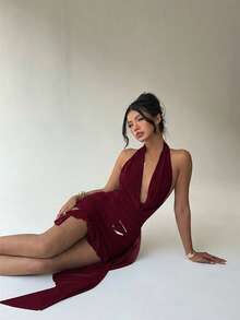 Aloruh 春夏新款性感派对音乐节婚礼季海滩度假婚礼季绿色网纱深V露背修身不对称荷叶边迷你连衣裙，圣帕特里克节连衣裙，波西米亚音乐节连衣裙 - 酒紅色 - 查看 5