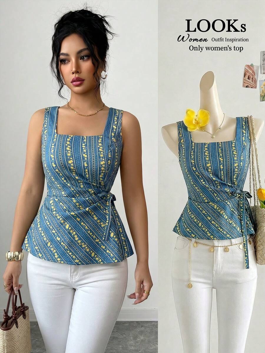 SHEIN Raffinéa Women's Lightweight Blue & Yellow Ditsy Floral Tie-Front Camisole For Casual Daily Wear & Dates, Summer - Blue - View 1