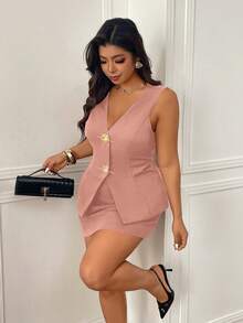 Femmeverse Plus Size Women Solid Color Metal Single-Breasted Top And Mini Skirt Casual Vacation Set - Pink - View 4