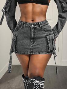 BamGleam Chân váy ngắn denim thời trang thường ngày dành cho nữ - Xám - Xem 4