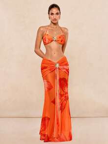 Lumalex Falda larga estampada con flores y accesorios de metal con diseño de sirena, adecuada para playa y resort con bikini - Naranja - Ver 7