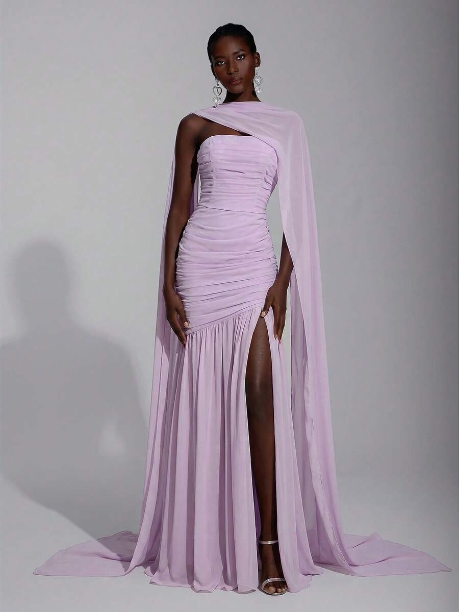 Elegant Minimalist Chiffon Halter Neck Dress (Detachable Sequins), Pleated Bust, Mesh Fishtail Hem, Suitable For Dates, Vacations, Weddings, Bridesmaid Events - Mauve Purple - View 1