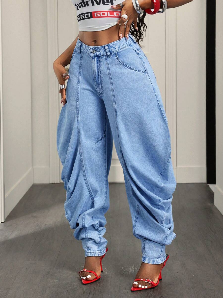 SHEIN BamGlam Quần jean denim nữ kiểu dáng thường ngày - Màu xanh lam - Xem 1