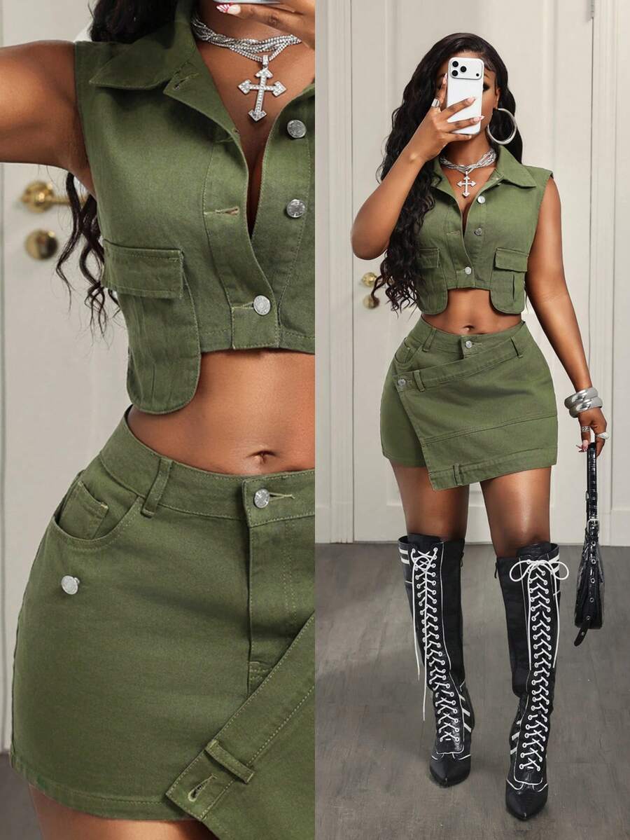 BamGleam 女士休闲牛仔套装 - 軍綠色 - 查看 1