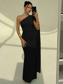 Aloruh Romantic Elegant Ruched Waist Tie Neck Fitted Mermaid Dress,Dresses For Women Summer - Black - View 6