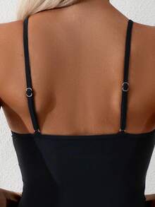 Swim Lushoire Bộ bikini hai mảnh màu đen trơn, kiểu dáng thoải mái, thích hợp cho kỳ nghỉ hè, đi biển, có dây đeo điều chỉnh được, viền hoa. - màu đen - Xem 6