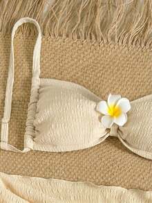 Swim Vcay Women's 3-Piece Bikini Set, Solid Color Floral Print, For Beach And Resort - Aprikot - View 5