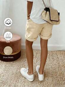 SHEIN Holidaya Quần short nữ mùa hè mới, chất liệu cotton lanh, kiểu dáng thường ngày, có dây rút và gấu quần xắn lên, kết hợp với thiết kế cạp chun có dây rút và chi tiết gấu quần xắn lên, mang đến vẻ ngoài thoải mái nhưng vẫn thanh lịch, phù hợp cho những buổi đi chơi hàng ngày, kỳ nghỉ hoặc những dịp thường nhật nhẹ nhàng. Đây là một món đồ đa năng trong dòng quần short thường ngày có dây rút, quần dài màu kaki thanh lịch và quần ống rộng ôm dáng. - Màu be - Xem 5